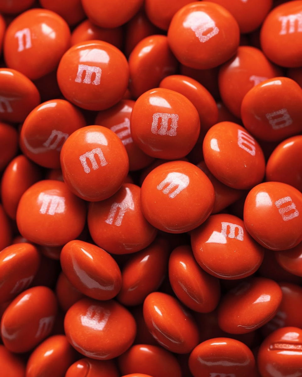 Close-up of red M&M’s candies with glossy surfaces and bright studio lighting, Midjourney V6.0
