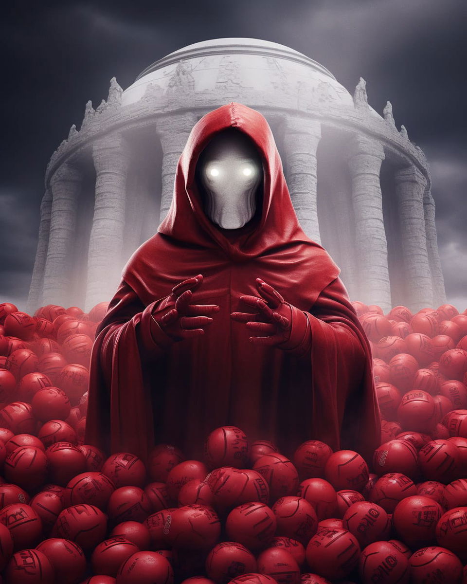 Faceless red-hooded figure amid red candies before a pale domed temple, dramatic misty lighting, Midjourney V5.2