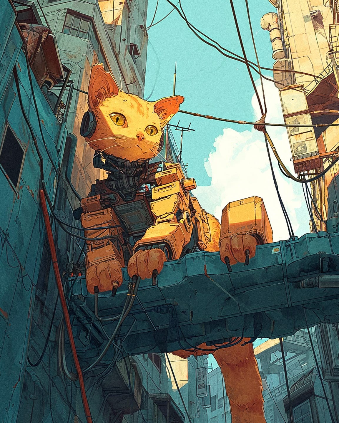 Techno-mechanical cat over a city street, in the style of Tekkonkinkreet anime, warm inked colors, Midjourney V6.0