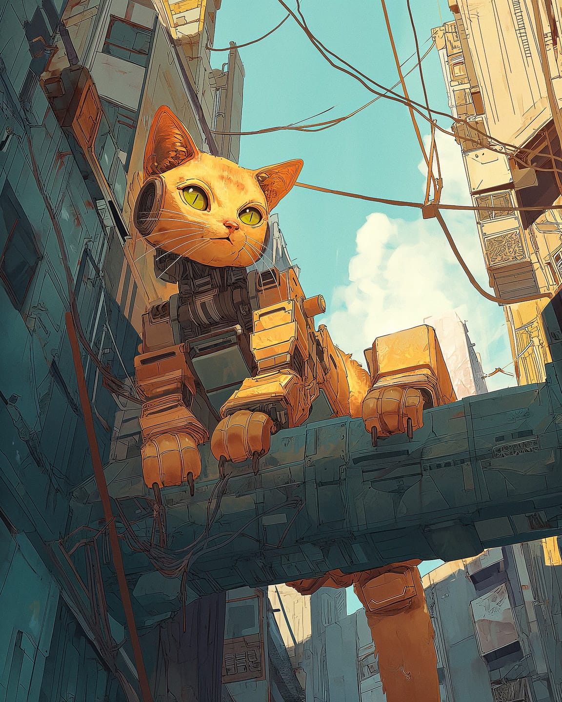 Techno-mechanical cat in a low-angle city scene, colorful anime linework and warm sunlight, Midjourney V6.0