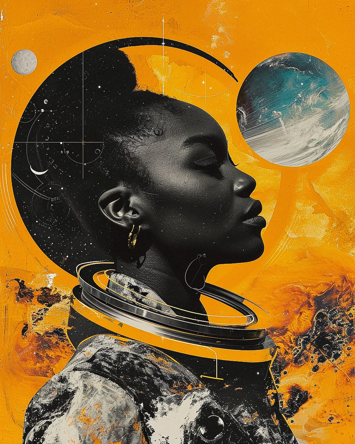Black woman space explorer with planets, rendered as a high-contrast orange and black poster collage, Midjourney V6.0