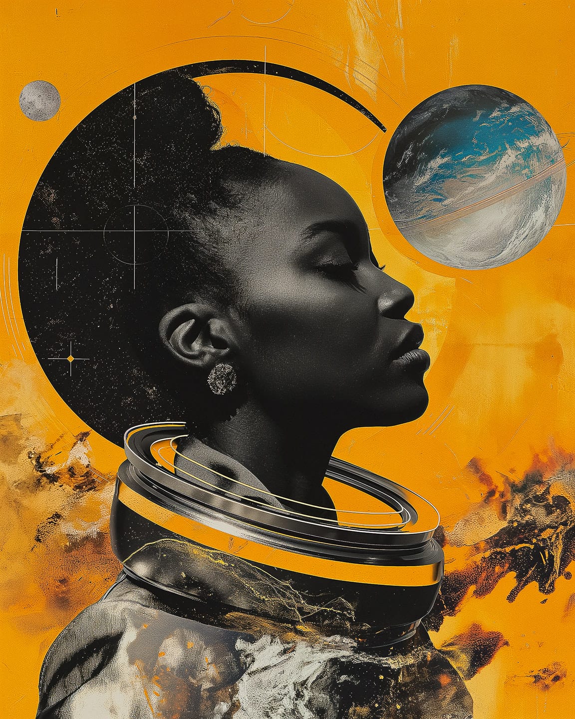 Afrofuturistic space pioneer with planets, in a bold graphic poster collage with orange and black, Midjourney V6.0