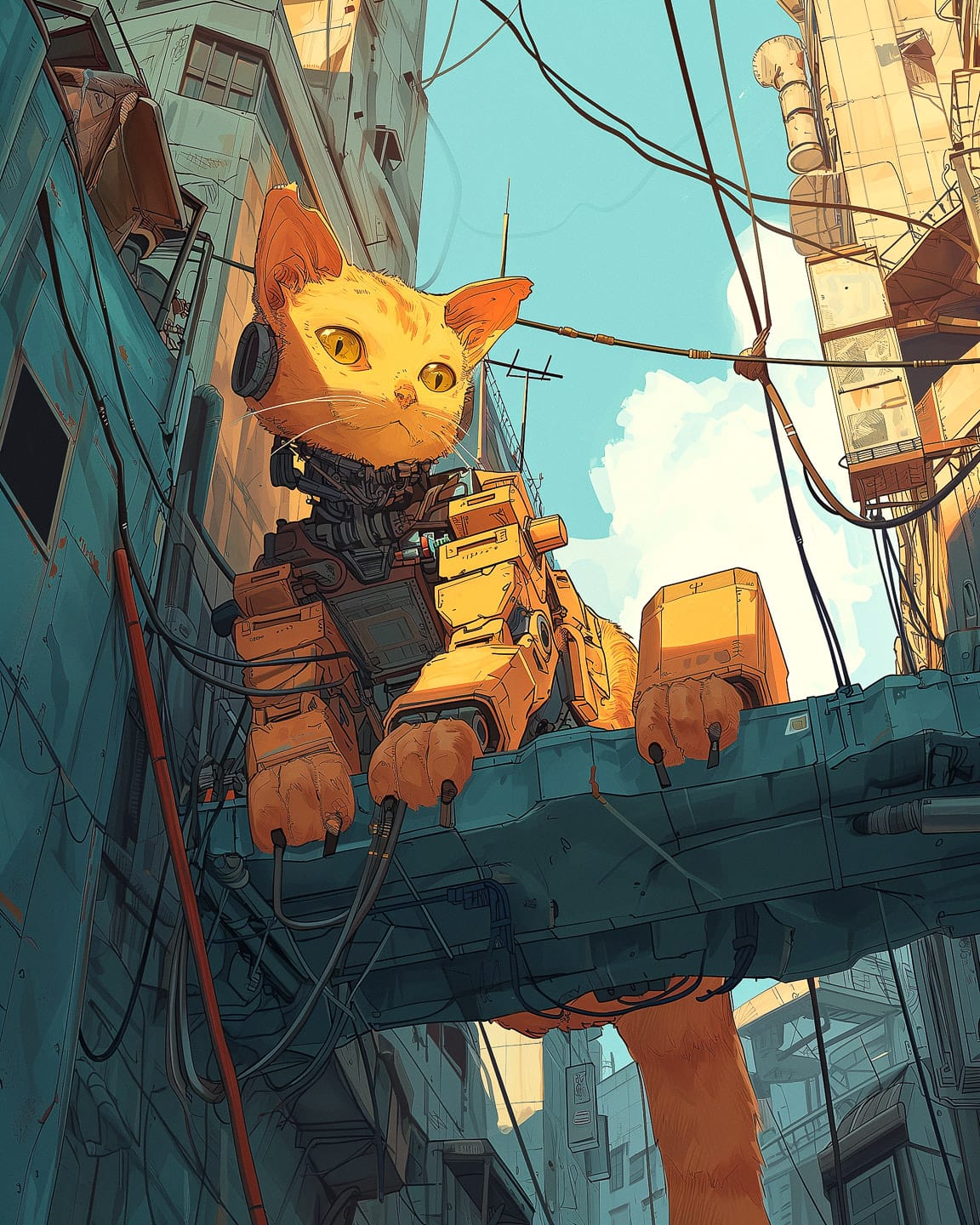 Techno-mechanical cat in a low-angle city scene, bold anime linework and warm teal-orange palette, Midjourney V6.0