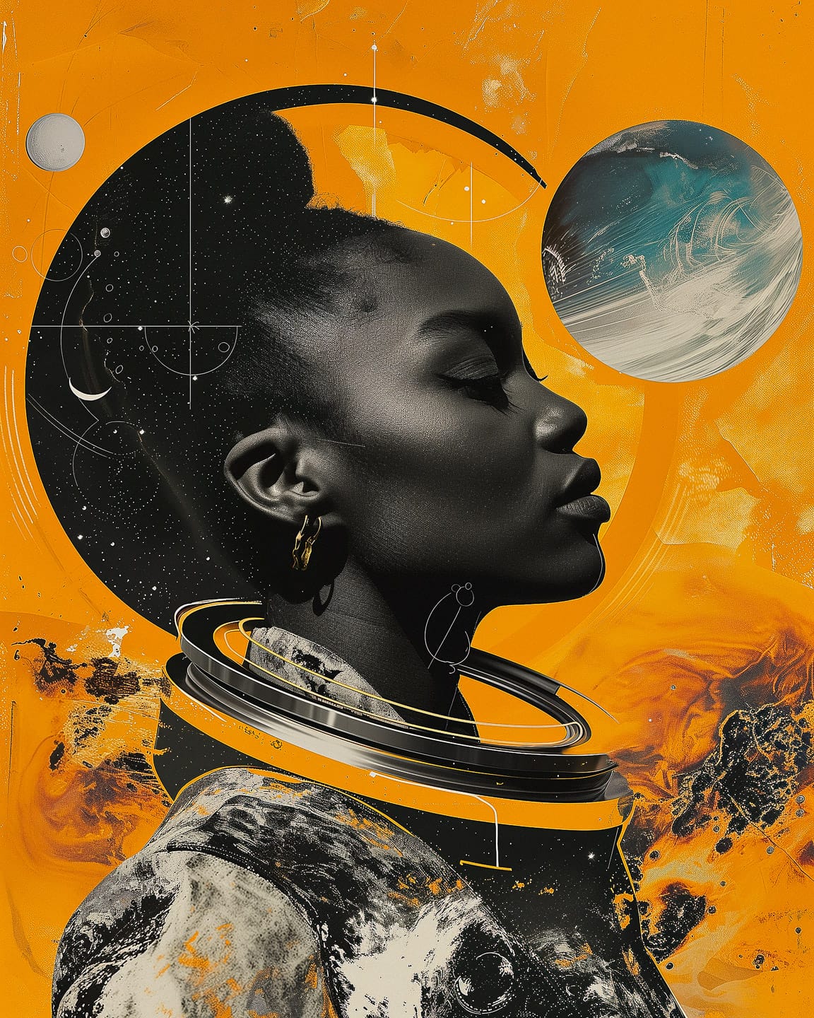 Afrofuturistic space pioneer in a bold graphic magazine-cover collage, orange, black and teal, Midjourney V6.0