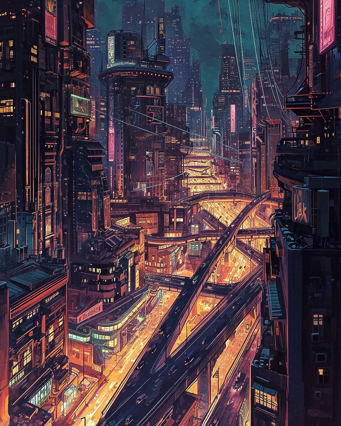 Futuristic city with elevated highways and skyscrapers in Josan Gonzalez’s neon-dark style, Midjourney V6.0