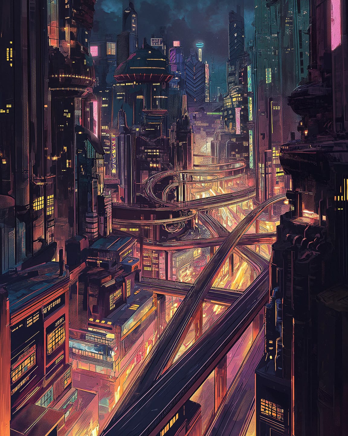 Megacity at night in the style of Josan Gonzalez, neon-lit cyberpunk digital illustration, Midjourney V6.0