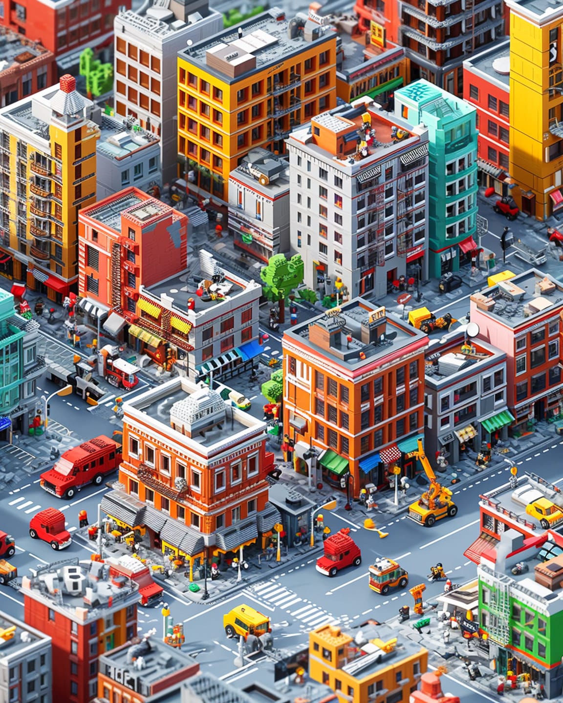 Elaborate Lego city block with buildings, streets, and vehicles in bright colors and crisp light, Midjourney V6.0