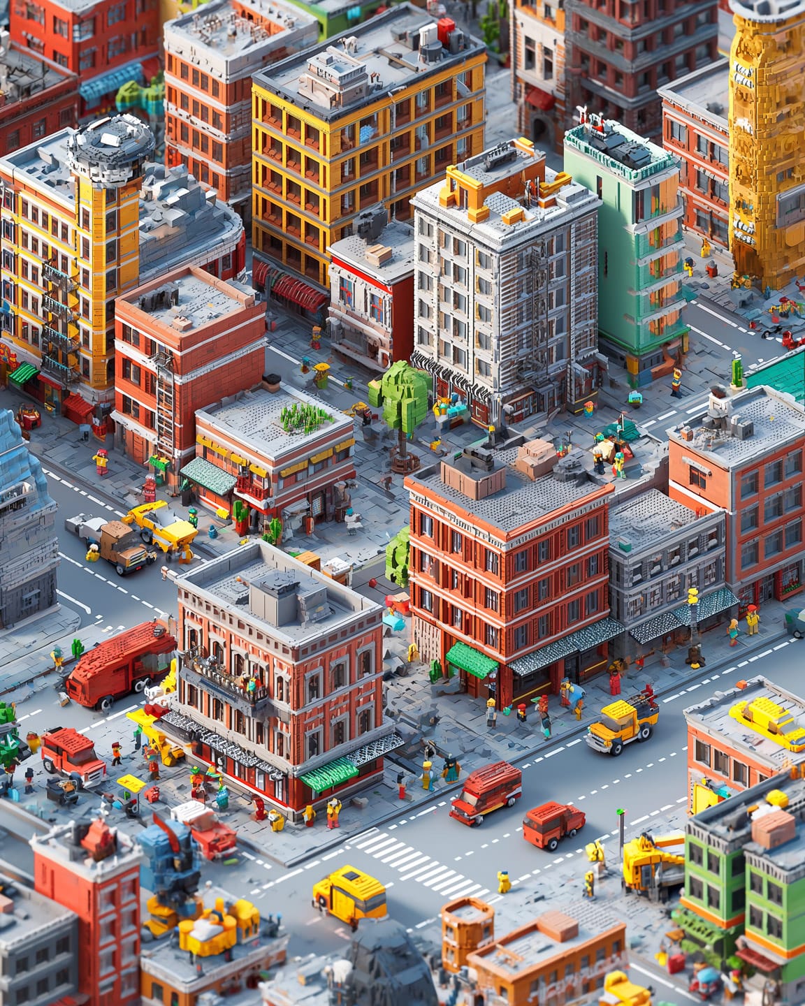 Isometric LEGO city block with detailed buildings and streets, Midjourney V6.0
