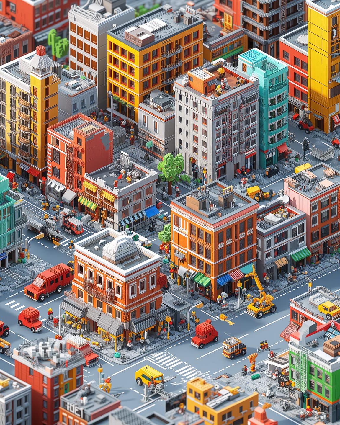 Isometric Lego city block with detailed buildings, vehicles, Midjourney V6.0