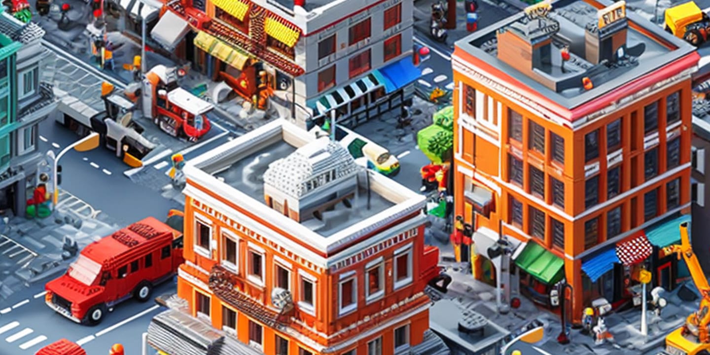 Isometric city intersection with buses, cars, rooftops, and shops in crisp colorful digital art