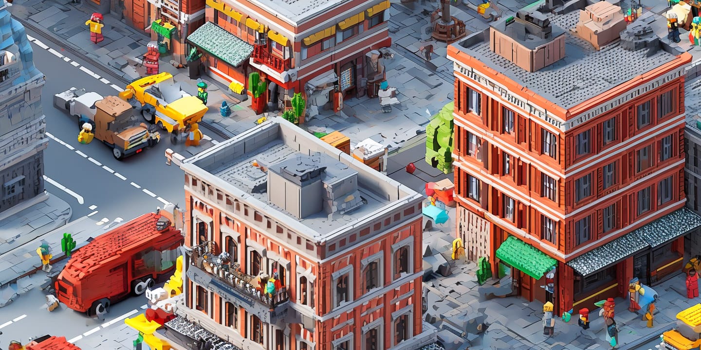 Isometric city block with colorful brick buildings, tiny figures, and vehicles in bright digital art