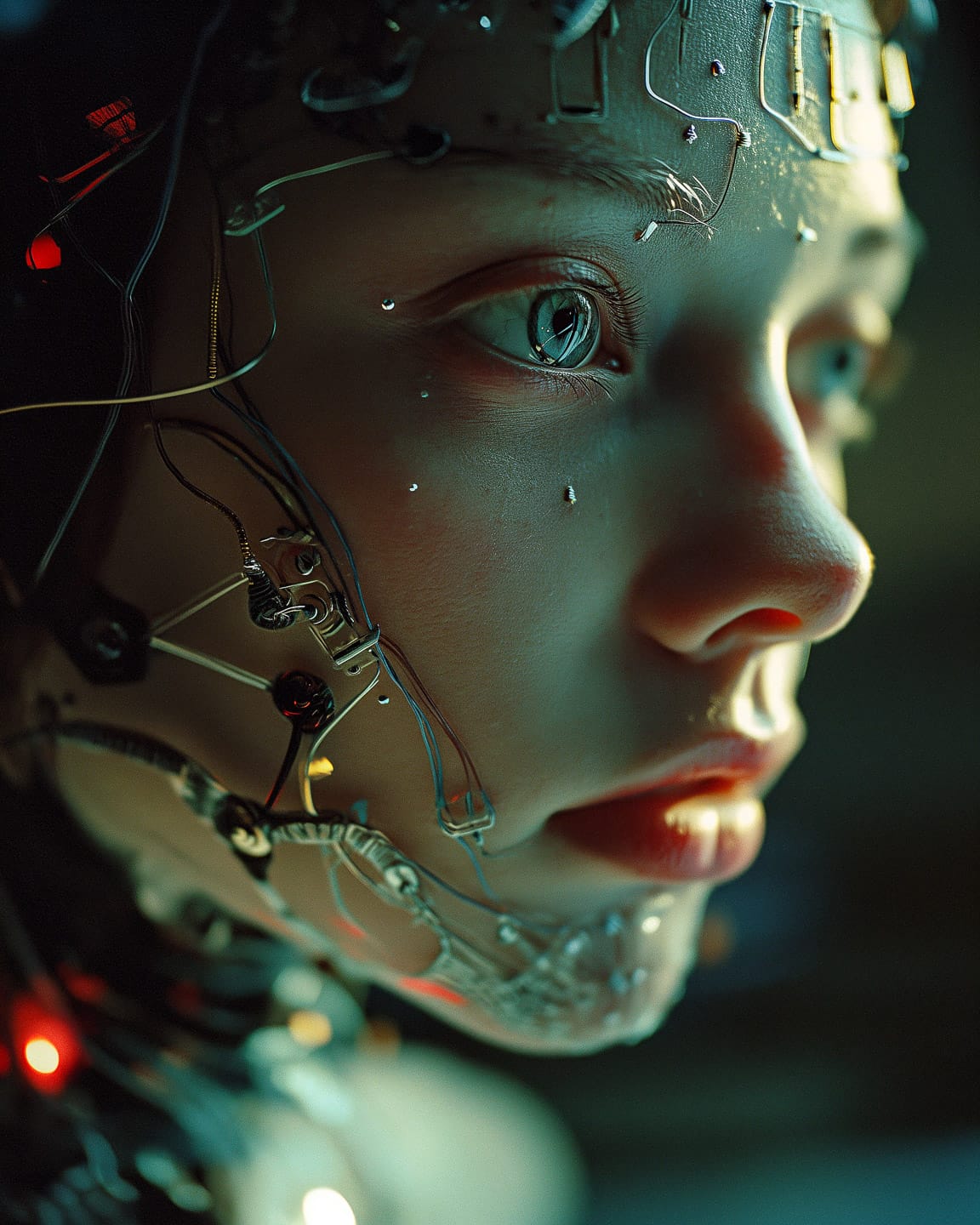 Close-up of a young woman-cyborg in the style of Tony Conrad, documentary photo with teal light, Midjourney V6.0
