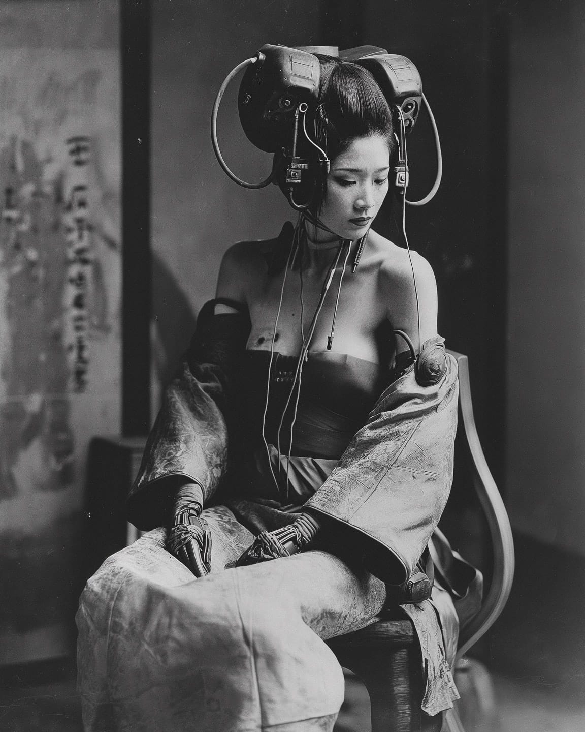 Cyberpunk geisha robot in the style of Felice Beato, vintage black-and-white photograph, Midjourney V6.0