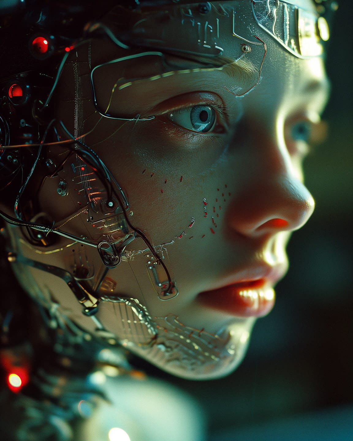 Close-up woman-cyborg in Tony Conrad's style, cyberpunk documentary photo, teal light and shadows, Midjourney V6.0