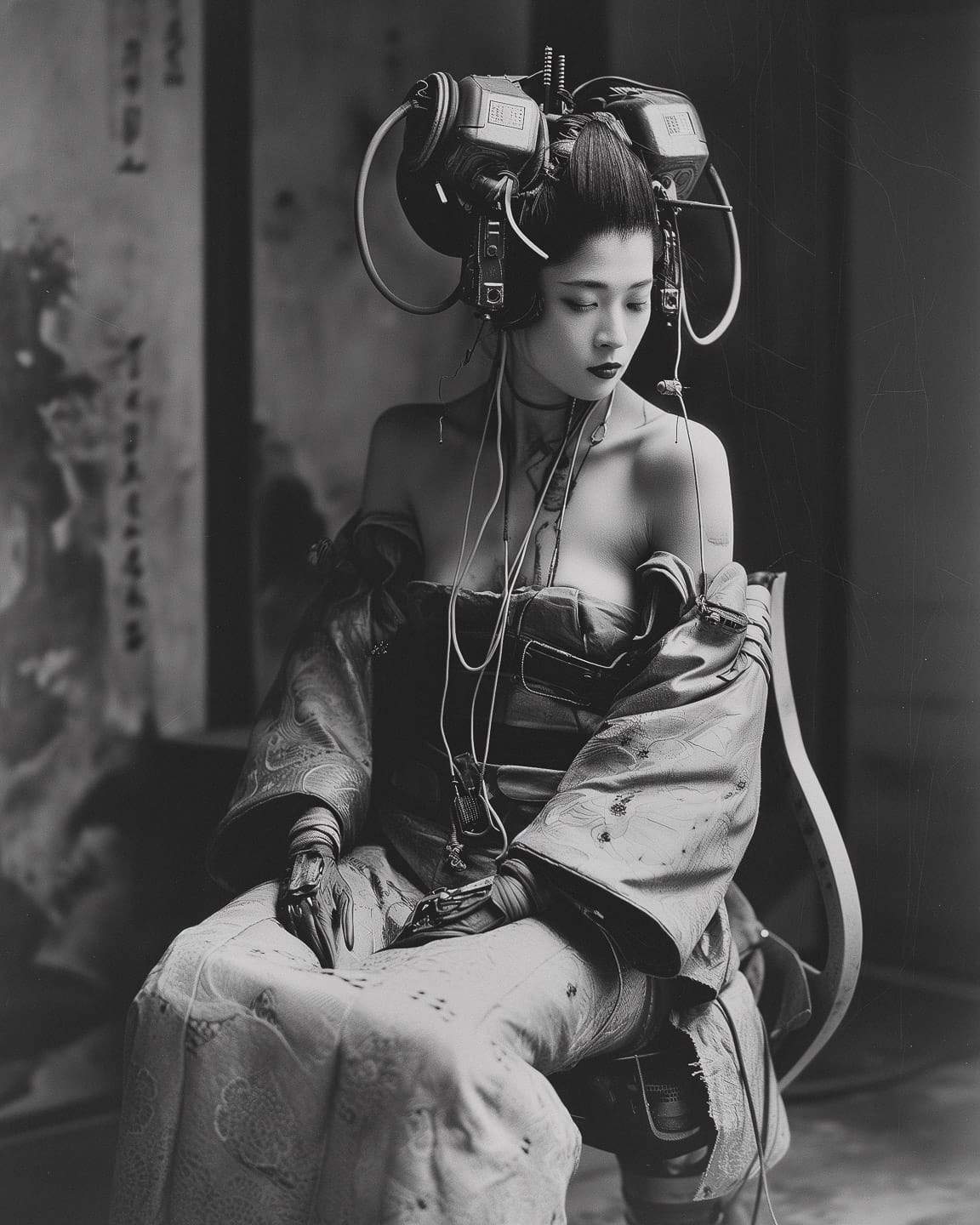 Cyberpunk geisha robot in the style of Felice Beato, vintage black-and-white photograph, Midjourney V6.0, figure 36