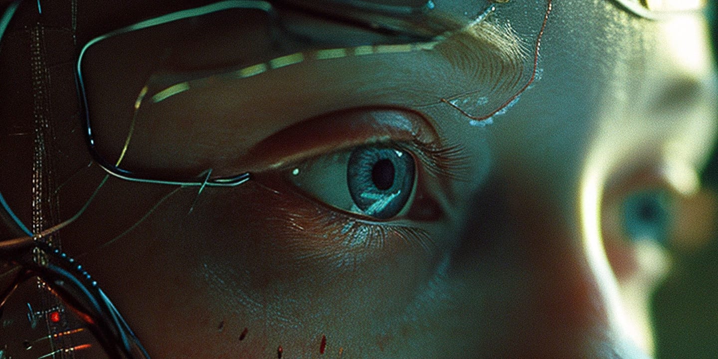 Close-up cybernetic eye beneath metal plating, rendered in teal and amber cinematic light