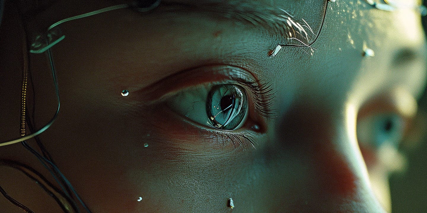 Extreme close-up of a child’s eye, rendered in dark teal and amber cinematic light