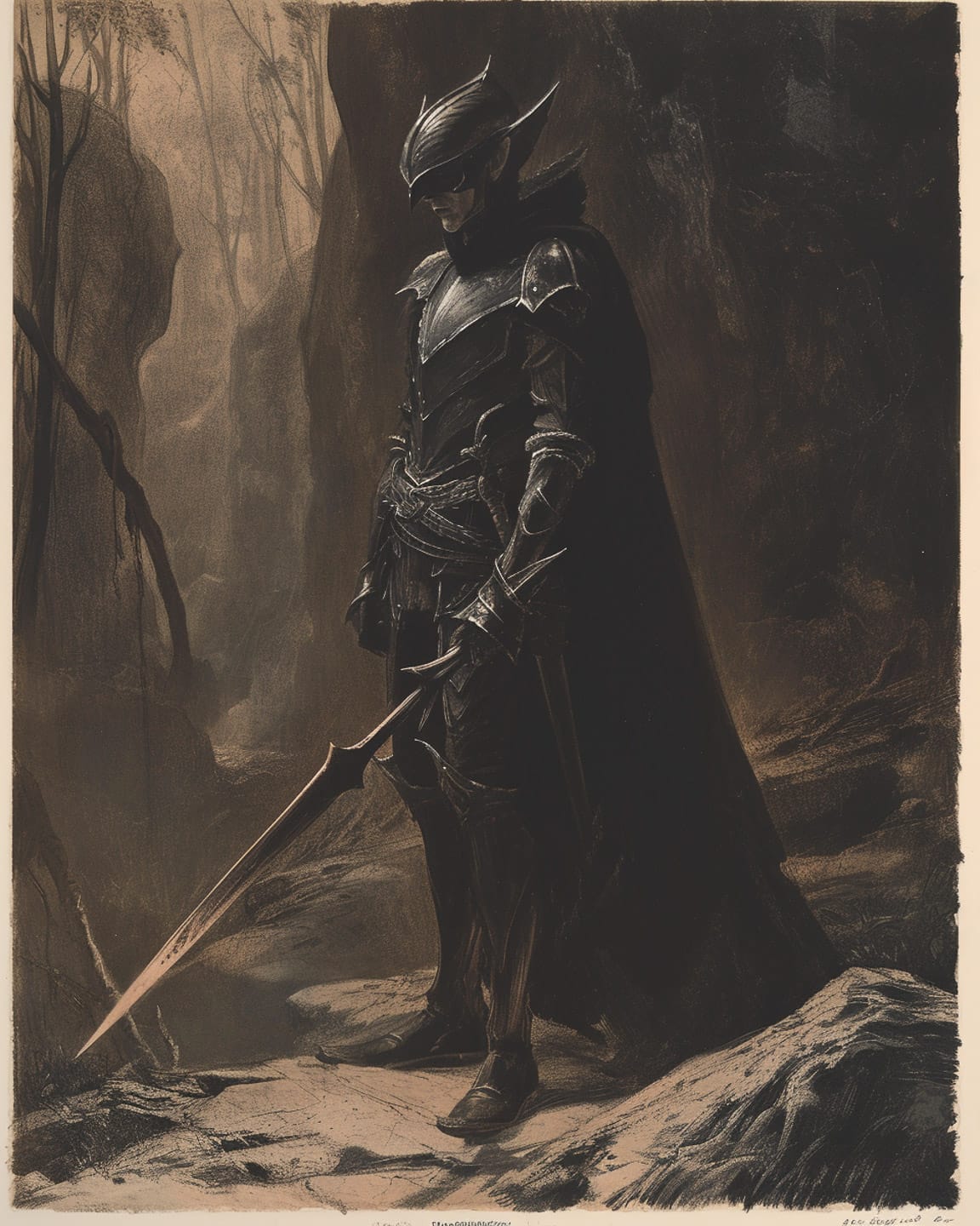 Midjourney prompt for dark elven hunter illustration, featuring armor, sword, and stylization techniques.