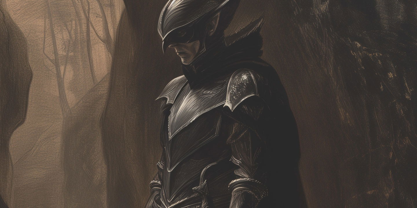 Midjourney prompt showcasing character design with dark armor, emphasizing intricate details and artistic style.