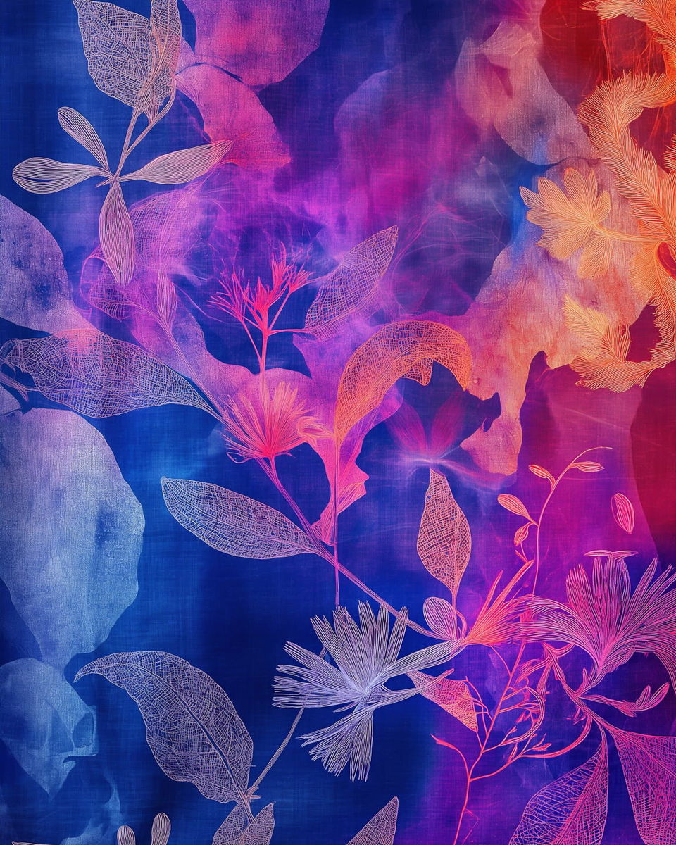 X-ray scan colorful fabric pattern by William Morris, showcasing Midjourney prompt engineering techniques, V6 features, and artistic styles.