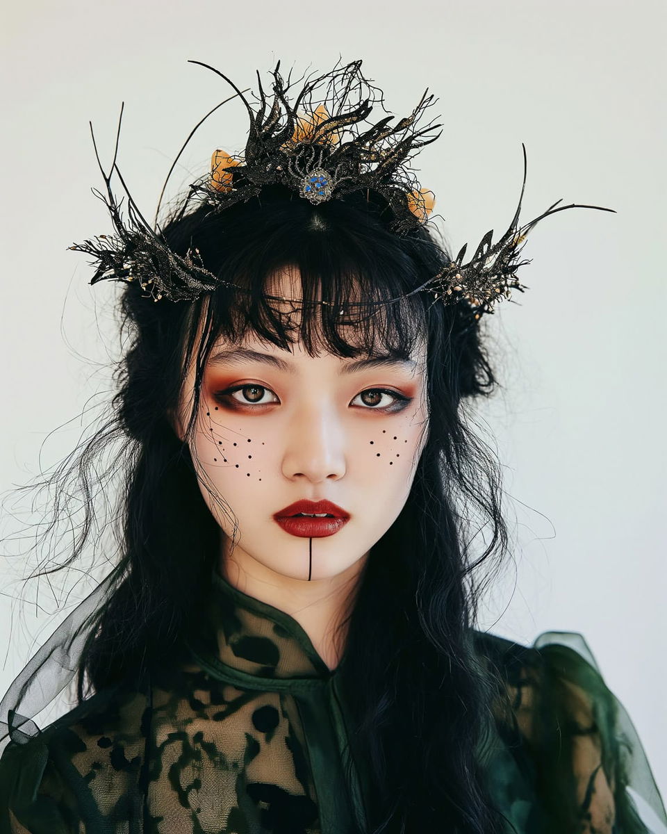 portrait of Vampire Queen by Ren Hang, showcasing Midjourney prompt techniques, V6 features, and art style elements.