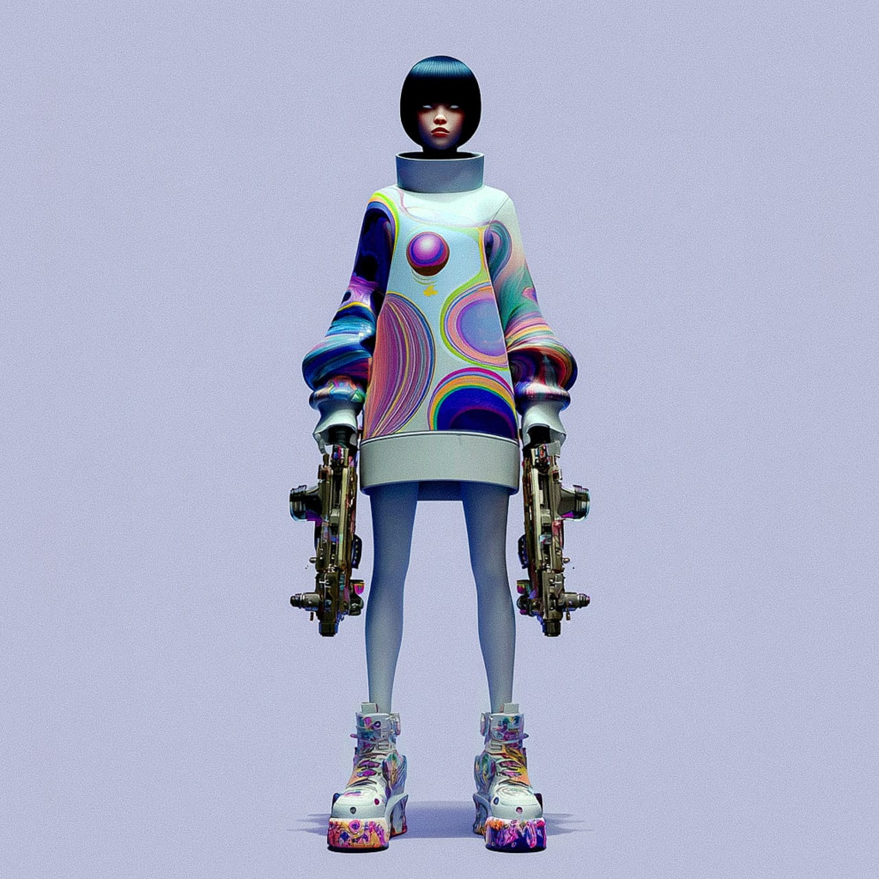Full-body sci-fi shooter character model with colorful armor, soft studio light, and pastel tones