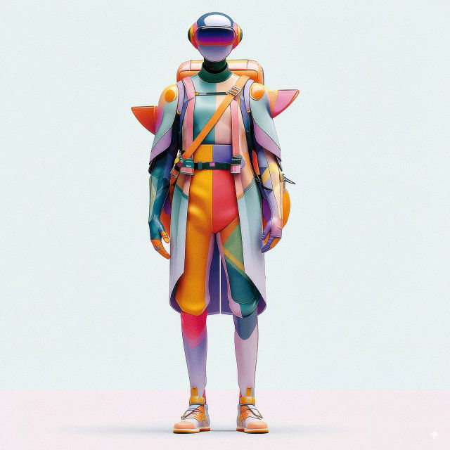 Full-front futuristic astronaut character in colorful 3D concept art with soft studio lighting