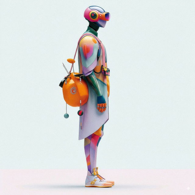 Side view of a colorful futuristic humanoid robot in stylized 3D render with soft lighting