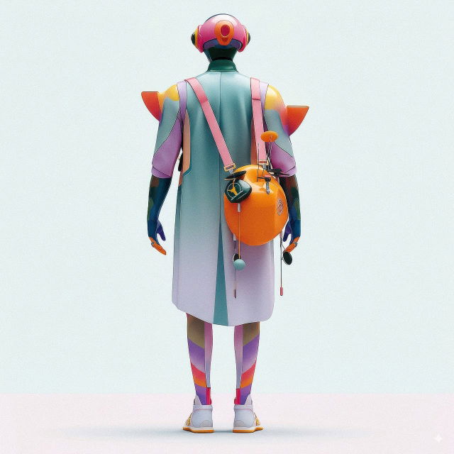 Back view of a colorful futuristic 3D character model with soft studio lighting