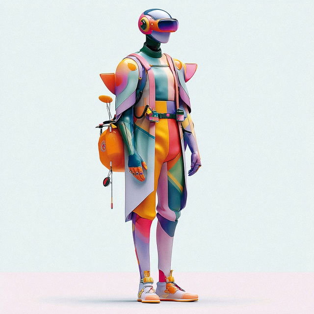 Full-body sci-fi game protagonist 3D model in a colorful geometric suit, softly lit