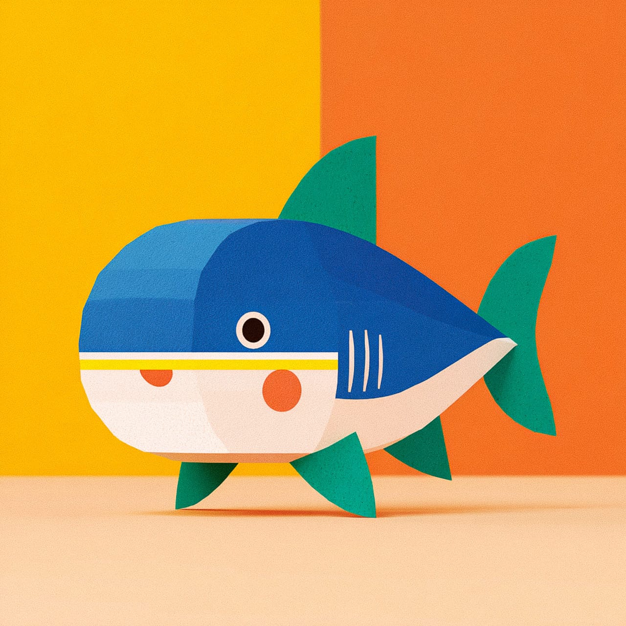 Cute low-poly 3D shark with bold blue, cream and orange colors, softly lit, Midjourney V7.0