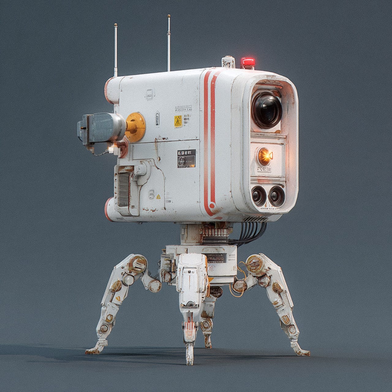 Surveillance robot with a camera head and articulated legs, low-poly 3D design in white and red