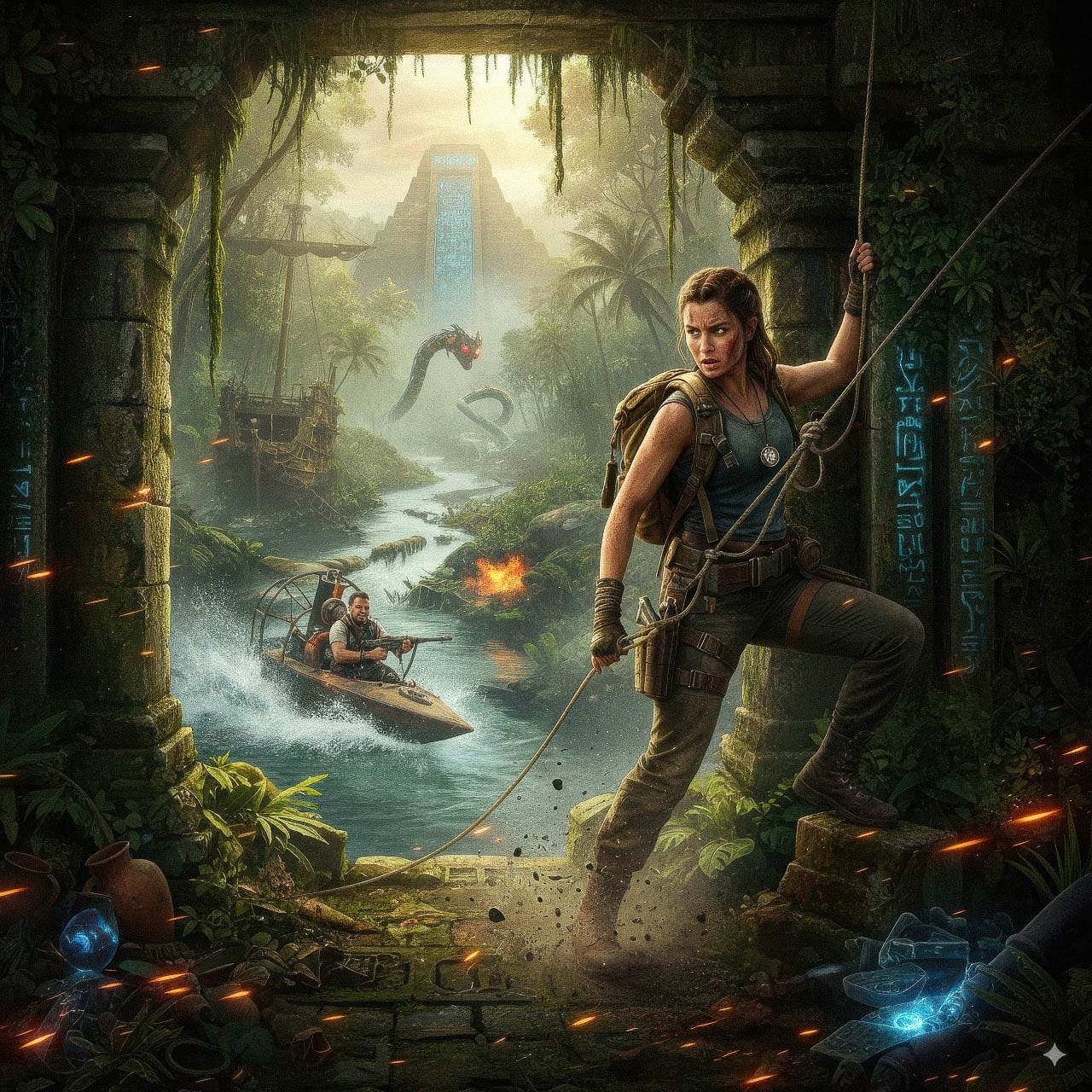 Adventurer escaping a jungle temple with a boat and serpent, cinematic realistic digital art