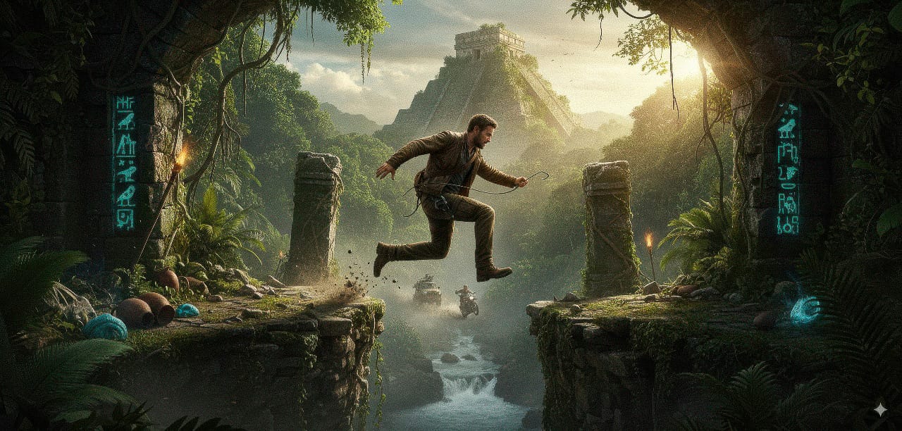 Adventurer leaping across a jungle chasm, cinematic realism with lush green tones and golden light