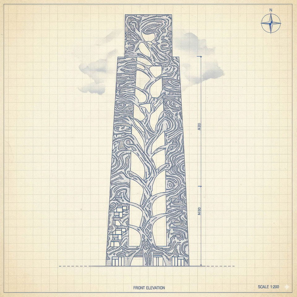 Building front elevation as an architectural blueprint with blue linework on a cream grid