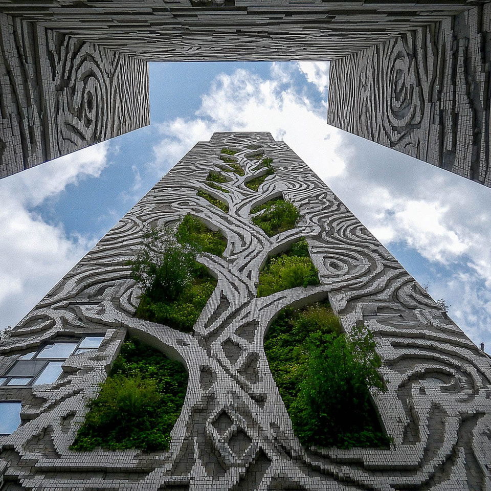 Skyscraper with planted facades, brutalist bioarchitecture in gray stone and daylight