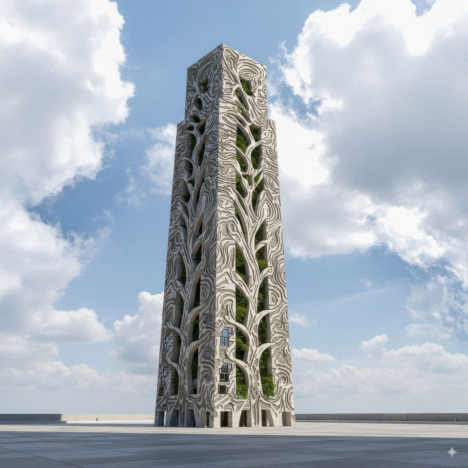 Tall carved stone tower with organic patterns, rendered in pale gray under a bright blue sky