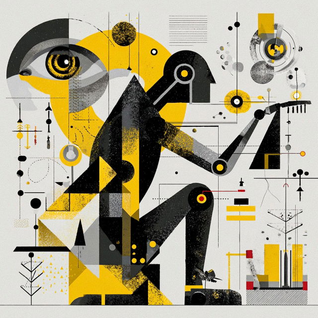 Geometric robot playing a pipe organ in the style of Christoph Niemann, in black, yellow and gray