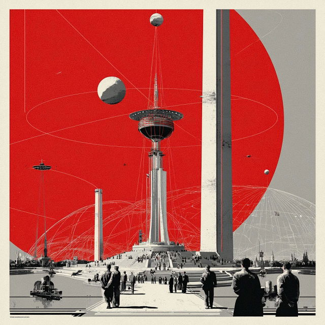 Futuristic 1950s world's fair with towers and flying saucers in a red, gray graphic poster