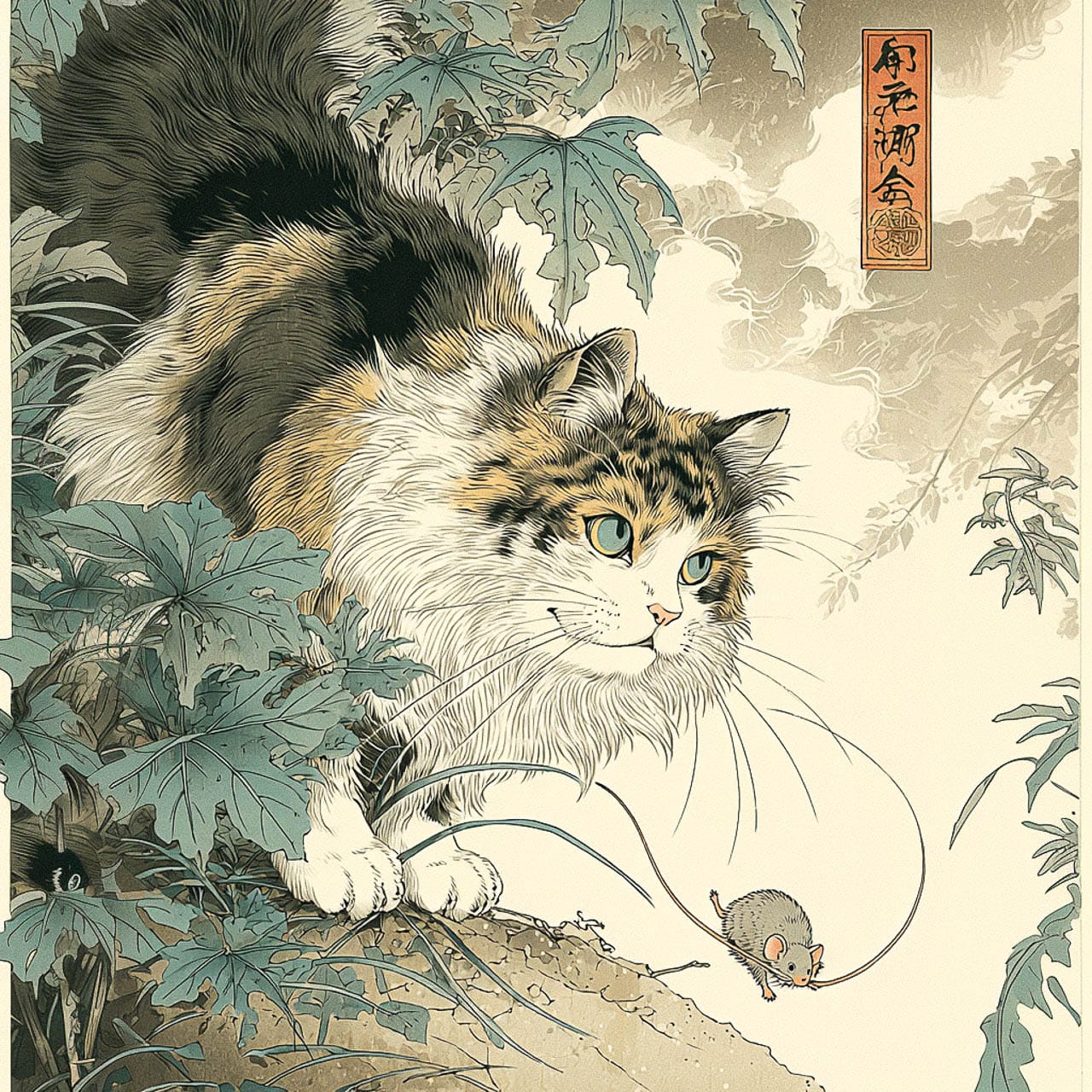 Maine Coon cat catching a mouse in Hokusai's ukiyo-e style, muted palette and fine lines