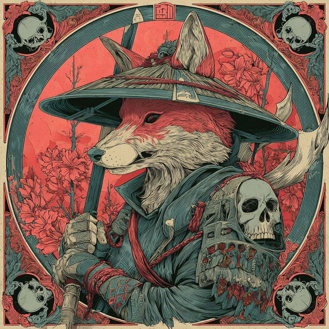 Japanese fox god wearing a wide hat and holding a skull, ornate red and teal woodcut style