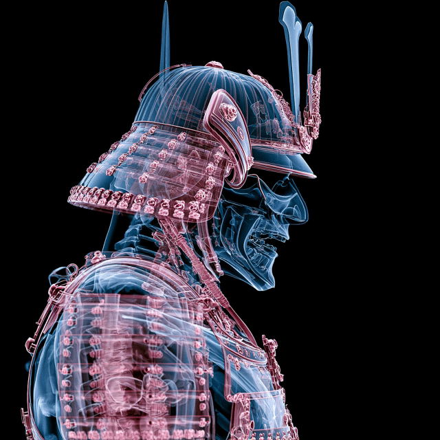 Robot samurai in translucent MRI scan style, glowing blue and pink on black