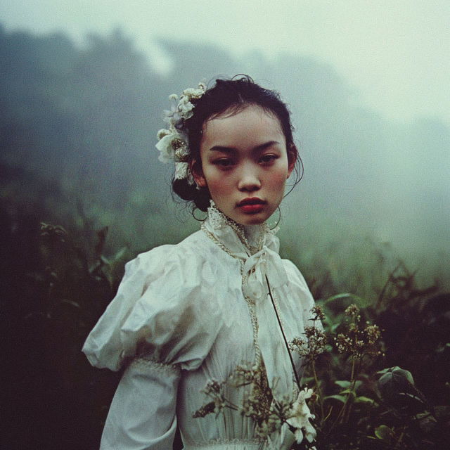 Young Asian model in a white dress, soft-focus fashion photograph in misty blue-green woods