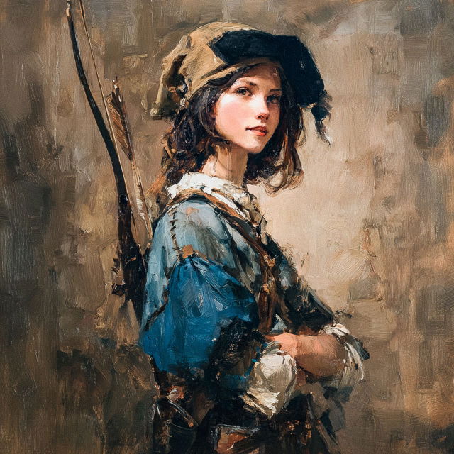 Young female adventure seeker with a bow, broad brushstrokes in the style of Rembrandt