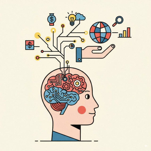 Human profile with a circuit-brain and business symbols, in flat pastel editorial illustration style