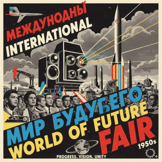 1950s World of Future Fair poster with rockets, cameras and crowds, in the style of Dziga Vertov