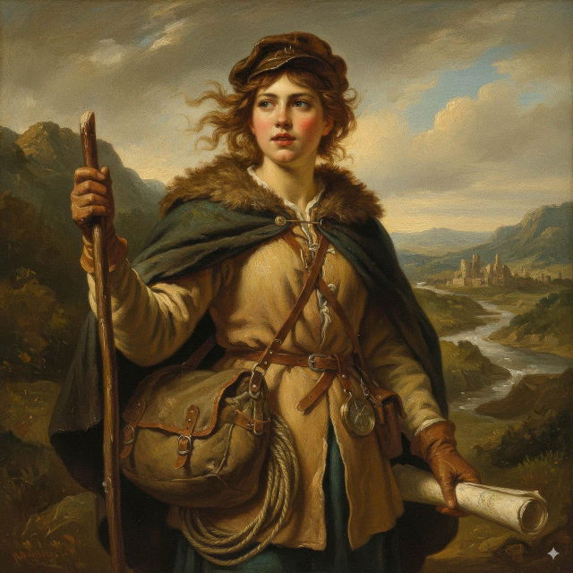 Young female adventure seeker in the style of Rembrandt, broad brushstrokes and warm earthy light