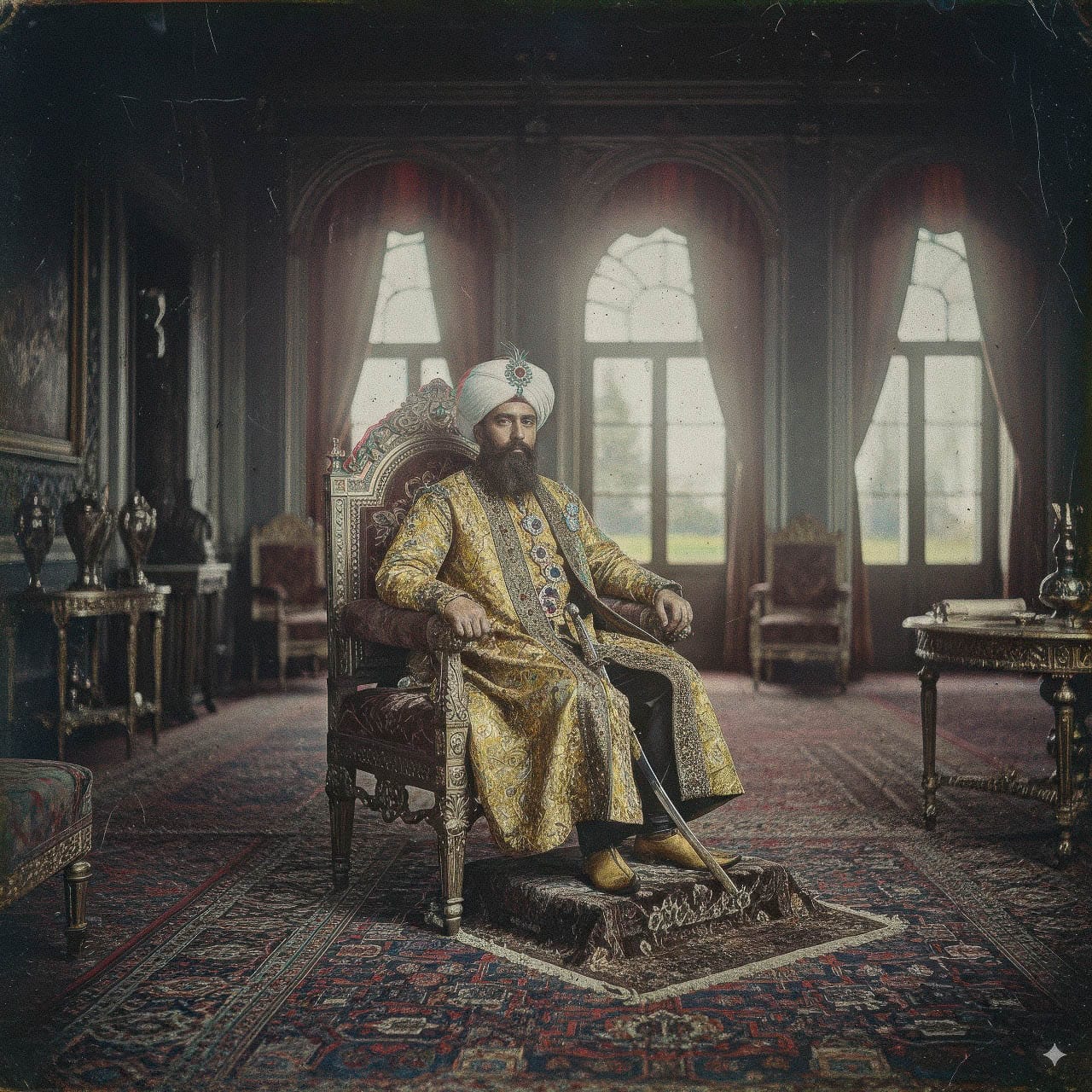Turkish sultan seated in a palace, vintage color photograph with obvious red, green, and blue shifts