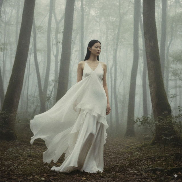 Asian model in an asymmetrical white dress amid misty woods, soft muted fashion photography
