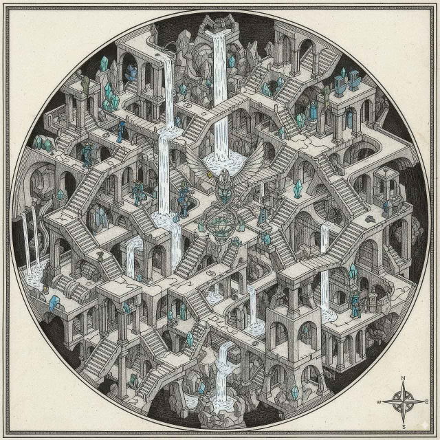 Game level map with impossible architecture and ink linework in muted tones